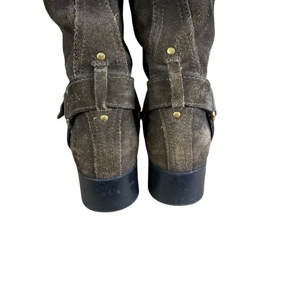 Prada Brown Mid calf Suede Biker Boots with Gold Buckle Logo EU 39 US 9 - Picture 9 of 13